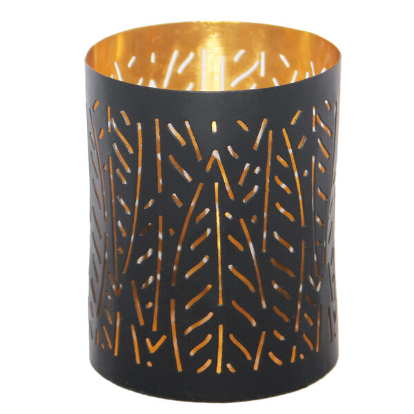 Windlicht NALA Schwarz-Gold aus Metall Ø 8 cm – Handgefertigtes Teelicht-Windlicht