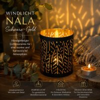 Windlicht NALA Schwarz-Gold aus Metall Ø 8 cm – Handgefertigtes Teelicht-Windlicht
