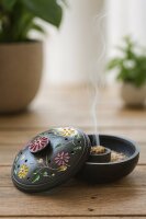 Räucherschale Padma Schwarz, Schale mit Deckel, Räucherstäbchenhalter aus Softstone