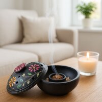 Räucherschale Padma Schwarz, Schale mit Deckel, Räucherstäbchenhalter aus Softstone