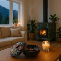 Räucherschale Padma Schwarz, Schale mit Deckel, Räucherstäbchenhalter aus Softstone