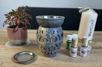 Weihrauchbrenner und Duftlampe Amphore Duo, Softstone mit Schale und Edelstahlsieb