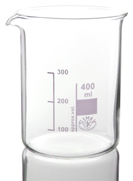 Simax Becherglas, hitzebeständiges Borosilikatglas 3.3, niedrige Form mit Ausguss und Skala, 400 ml