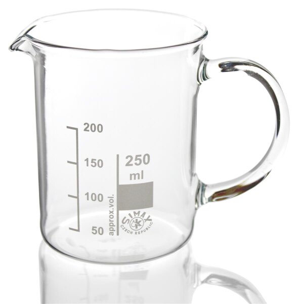 Simax Becherglas mit Henkel, hitzebeständiges Borosilikatglas 3.3, niedrige Form mit Ausguss und Skala, 250 ml