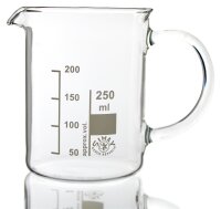 Simax Becherglas mit Henkel, hitzebeständiges Borosilikatglas 3.3, niedrige Form mit Ausguss und Skala, 250 ml