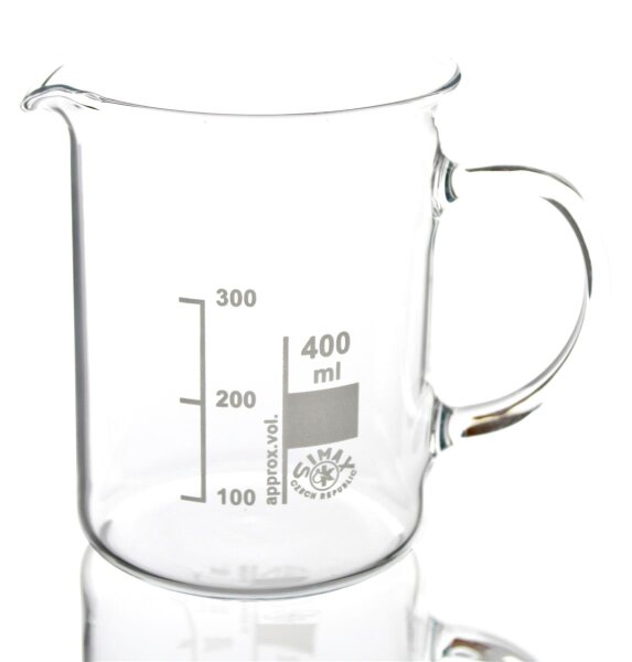 Simax Becherglas mit Henkel, hitzebeständiges Borosilikatglas 3.3, niedrige Form mit Ausguss und Skala, 400 ml