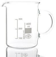 Simax Becherglas mit Henkel, hitzebeständiges Borosilikatglas 3.3, niedrige Form mit Ausguss und Skala, 400 ml