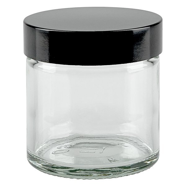 Glastiegel, Cremetiegel, Salbenglas aus Klarglas 60 ml, schwarzer Bakelit Deckel, Gewinde 51 mm/R3