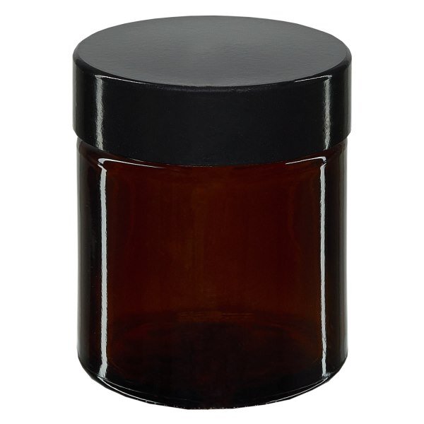 Glastiegel, Cremetiegel, Salbenglas aus Braunglas, 30 ml, schwarzer Bakelit Deckel, Gewinde 38 mm/R3