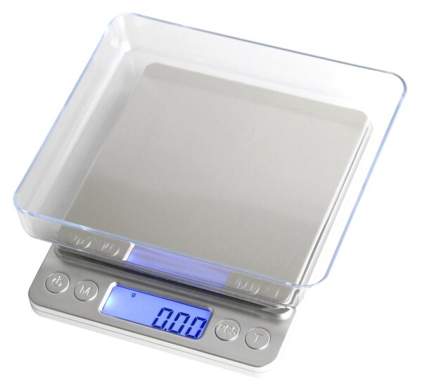 Digitale Präzisionswaage, Feinwaage 500g x 0,01g, beleuchtetes LCD Display, silber