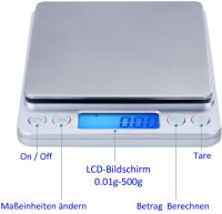 Digitale Präzisionswaage, Feinwaage 500g x 0,01g, beleuchtetes LCD Display, silber