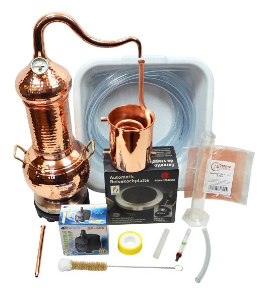 CopperGarden Destille Essence Plus Set, 2 Liter, meldefrei, handgeschmiedet aus Kupfer, Kolonnenbrennerei im Sorgenfrei Paket mit komplettem Zubehör