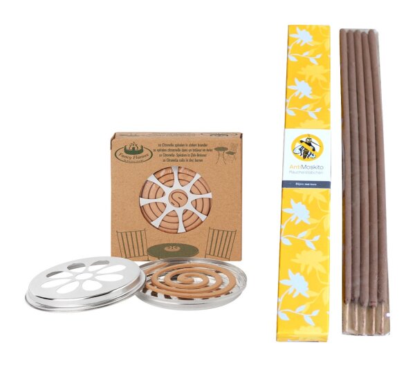 Citronella Outdoor Räucher Set 2-teilig mit Citronella Spirale und Räucherstäbchen für den Außenbereich