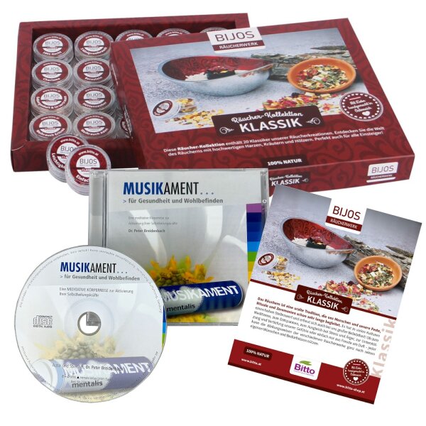 Bijos Räucher-Kollektion Klassik 20 Stück, Räucherwerk Sortimentsbox mit CD Entspannungsmusik, Musikament – Gesundheit/Wohlbefinden