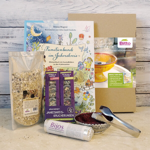 BIJOS Buchbox Jahreskreisfeste – Set mit Buch Familienbande im Jahreskreis & Räucherzubehör